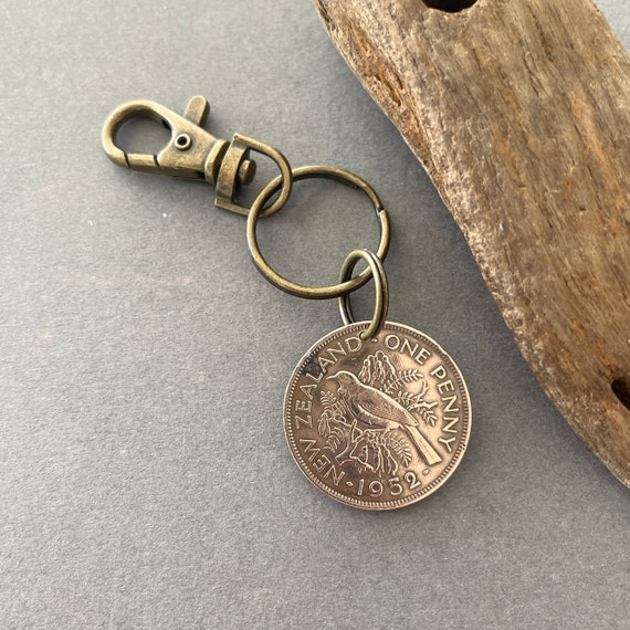 1952 New Zealand penny keyring, keychain or clip, genuine vintage NZ tui bird coin, 72nd birthday gift