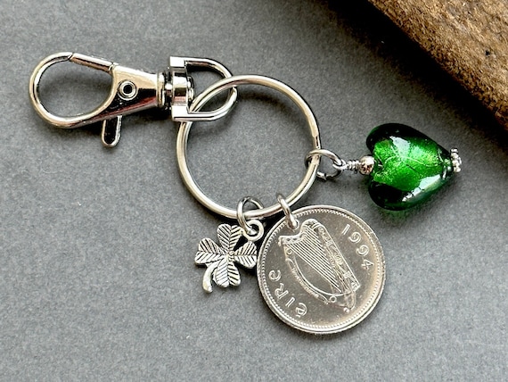 30th birthday gift, 1994 Irish ten pence coin keyring, Keychain bag clip or purse clip, 1994 10p coin for a perfect 30th anniversary gift