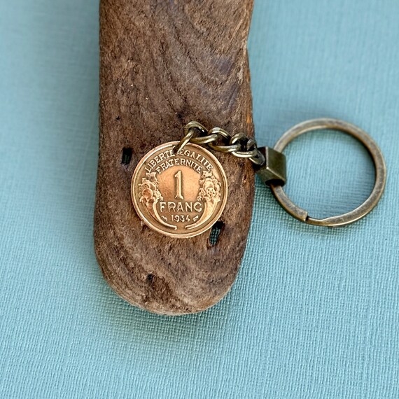 1934 French 1 franc coin key ring, key chain, 90th birthday gift France anniversary present for a man or woman