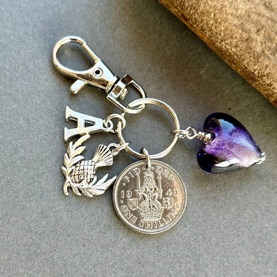 Scottish shilling and thistle charm clip style key ring, bag charm choose initial and coin year for a personalised birthday anniversary gift