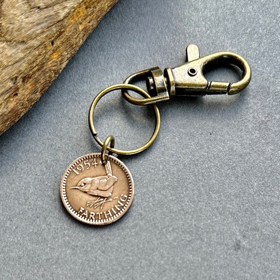 1954 British farthing wren coin clip style keyring, perfect for a 70th birthday gift especially for bird lovers