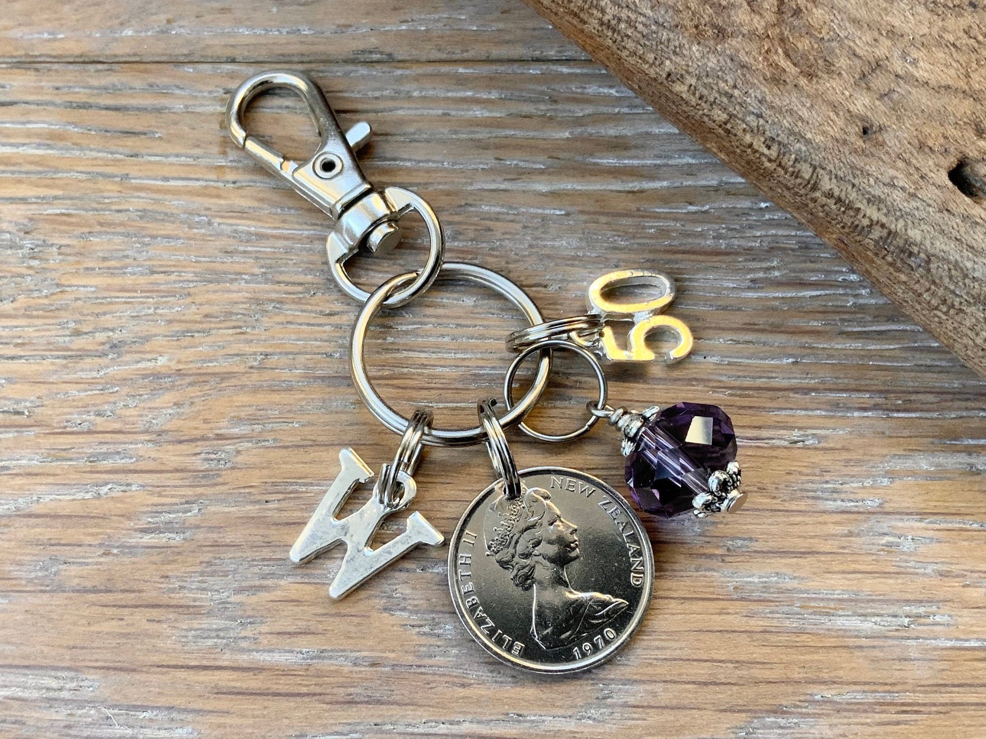 New Zealand 50th Birthstone gift, 1970 5 cent coin charm