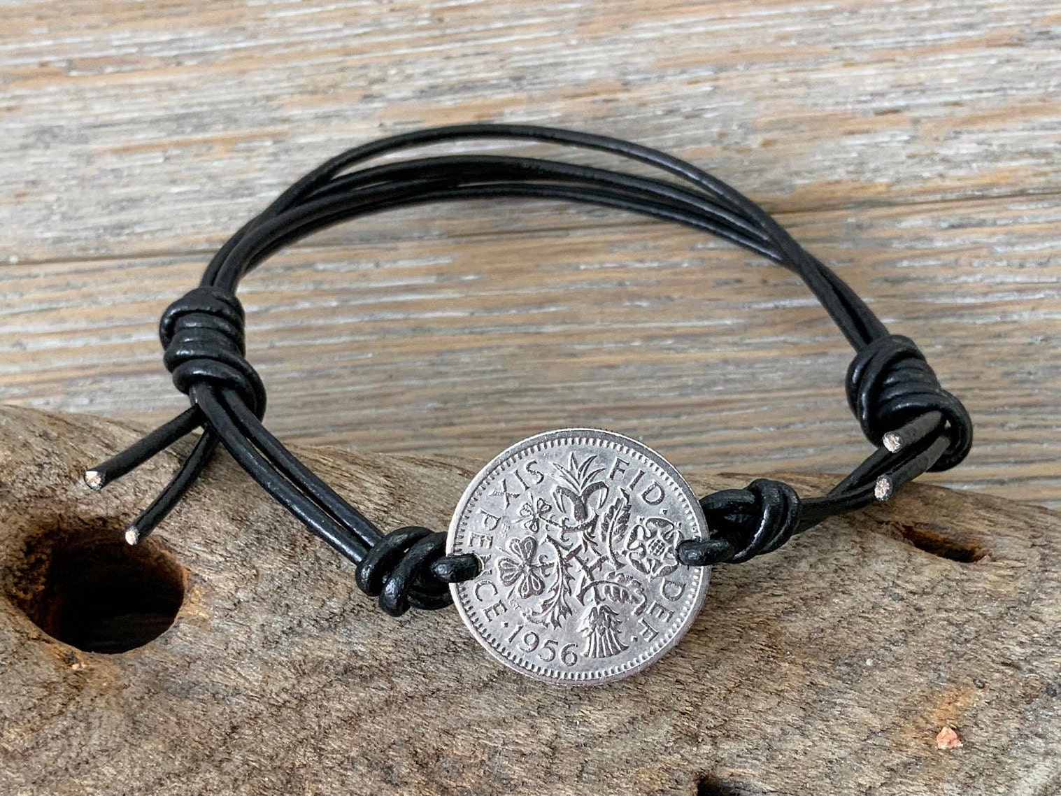 Lucky Sixpence adjustable bracelet handmade with a knotted leather or
