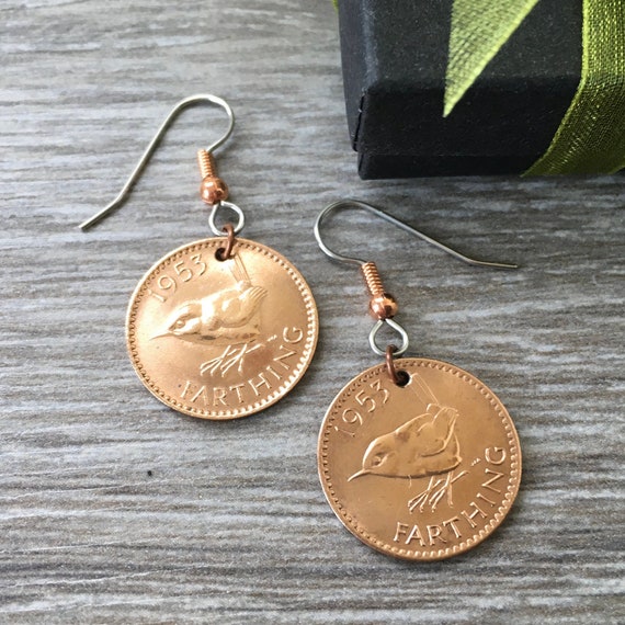 1953 wren Farthing earrings, handmade with genuine British farthing coins and stainless steel ear wires, 71st birthday gift