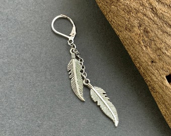 Feather dangle earring, lever back long silver feather earring available as single earring or a pair of earrings, boyfriend, girlfriend gift