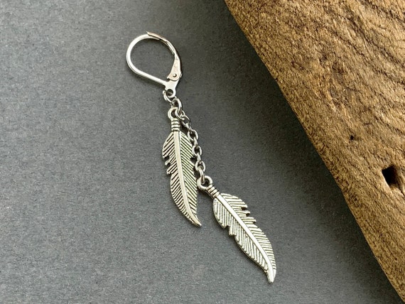 Feather dangle earring, lever back long silver feather earring available as single earring or a pair of earrings, boyfriend, girlfriend gift