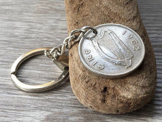 Irish 1961, 1962 or 1963 florin keychain or clip, choose coin year for a perfect 59th, 60th or 61st birthday or anniversary gift
