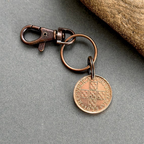 1973 Portuguese 1 escudo coin clip style key ring, Portugal key chain, unusual anniversary present