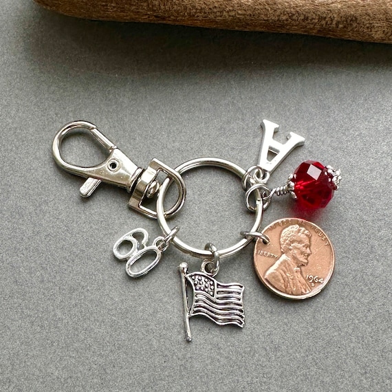 60th birthday gift, 1964 USA one cent coin bag clip charm, choice of initial and birthstone colour charm, 60th anniversary gift woman