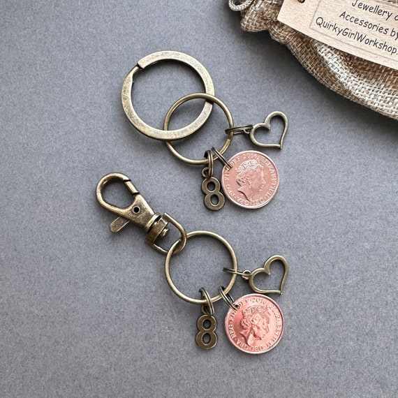8th anniversary gift, 2016 wedding, bronze anniversary, couples present mr and mrs gift 2 key rings pair of keychains, lucky pennies