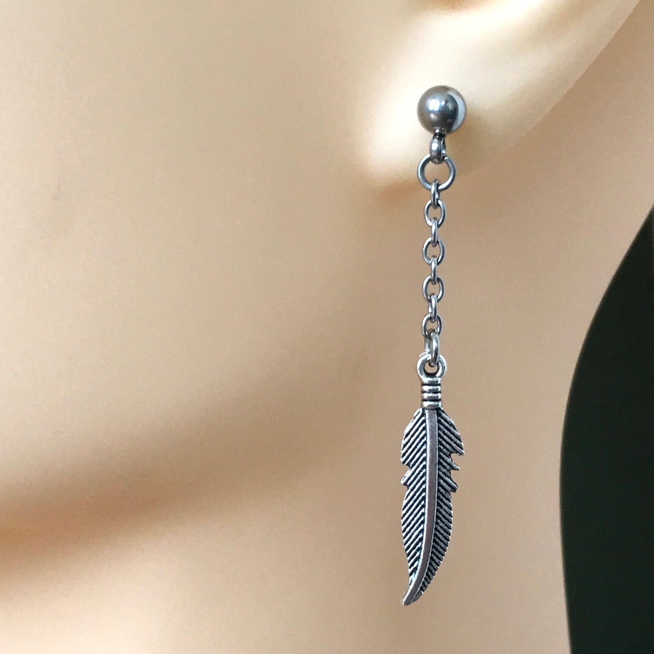 Long feather earring, ball stud dangle earring available as a single feather earring or a pair