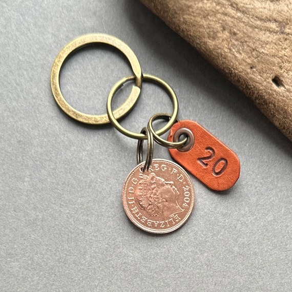 20th birthday or anniversary gift, 2004 UK two pence coin key chain, key ring or clip