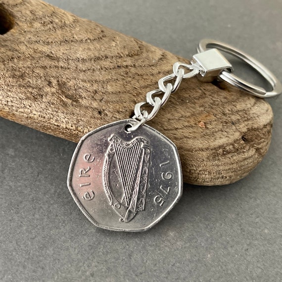 1975 Irish fifty pence coin keyring, keychain or clip, perfect for a 49th birthday or anniversary gift