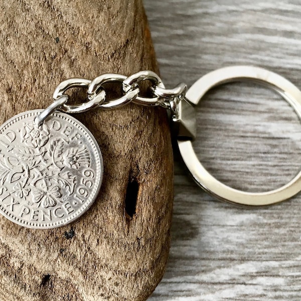 Lucky sixpence keyring, Keychain, choose coin year for a perfect birthday, anniversary, good luck or retirement gift