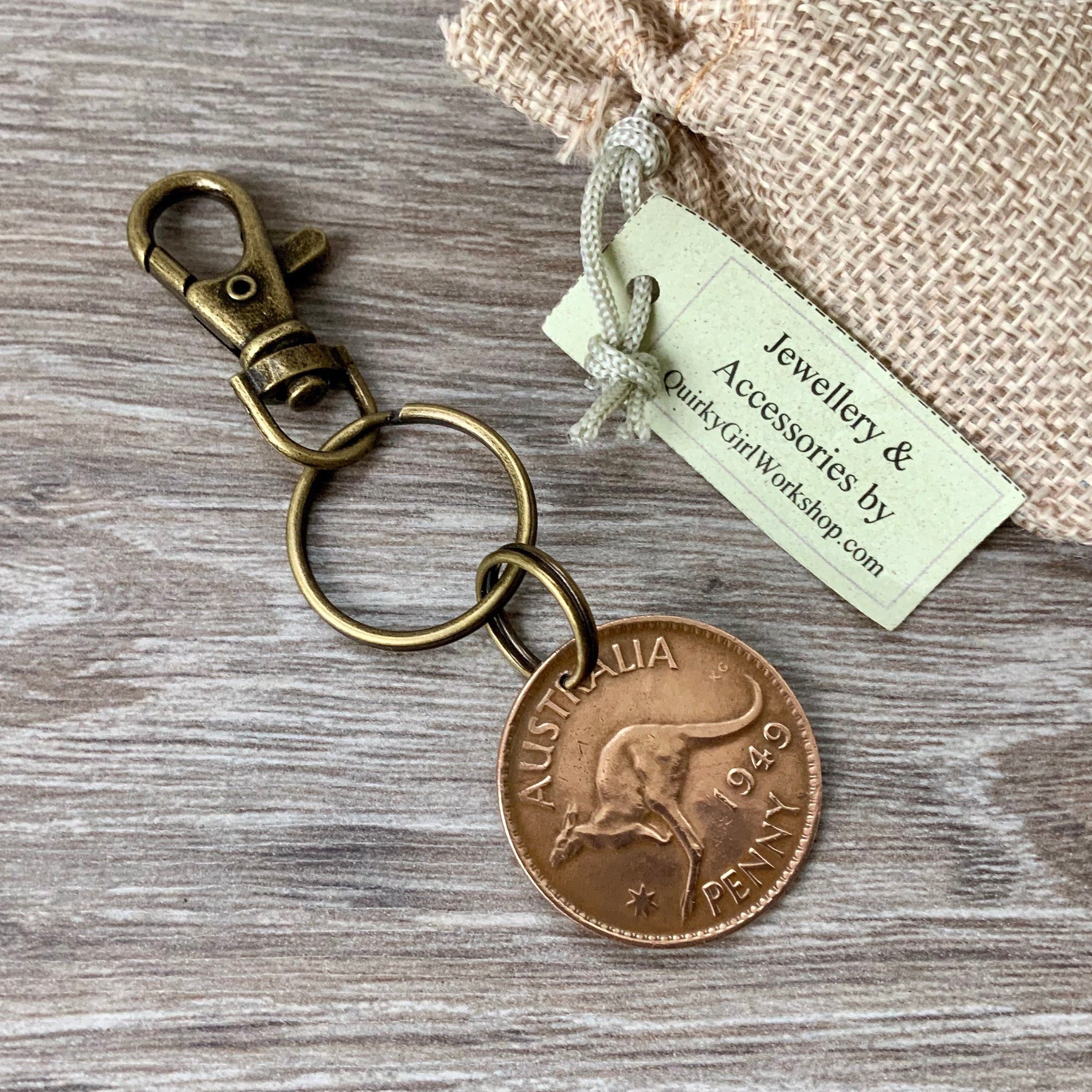 1949 Australian penny keychain, kangaroo keyring, 75th birthday gift in