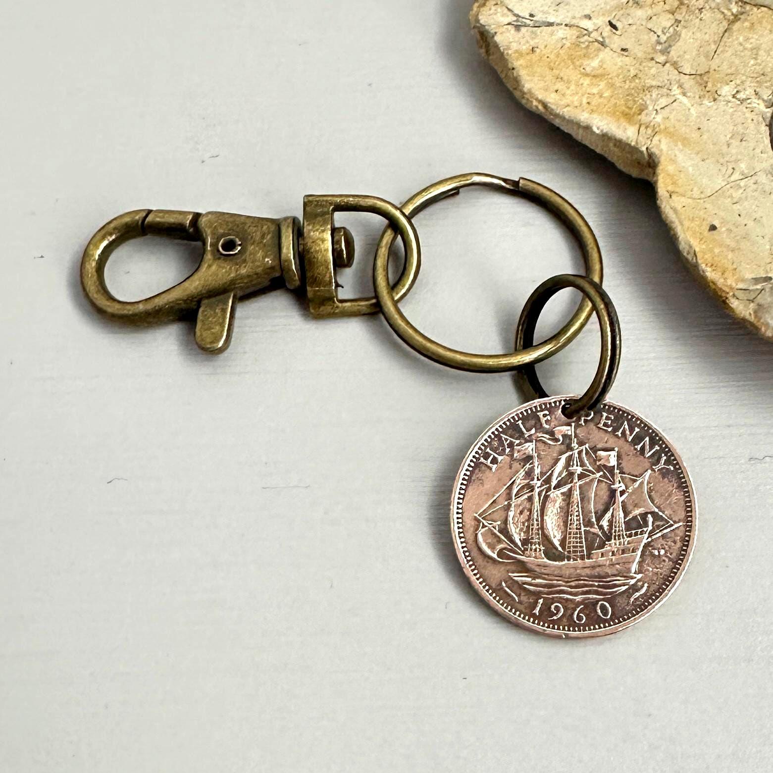 1960 British Half Penny Keyring: Bronze Sailing Ship Coin, 66th