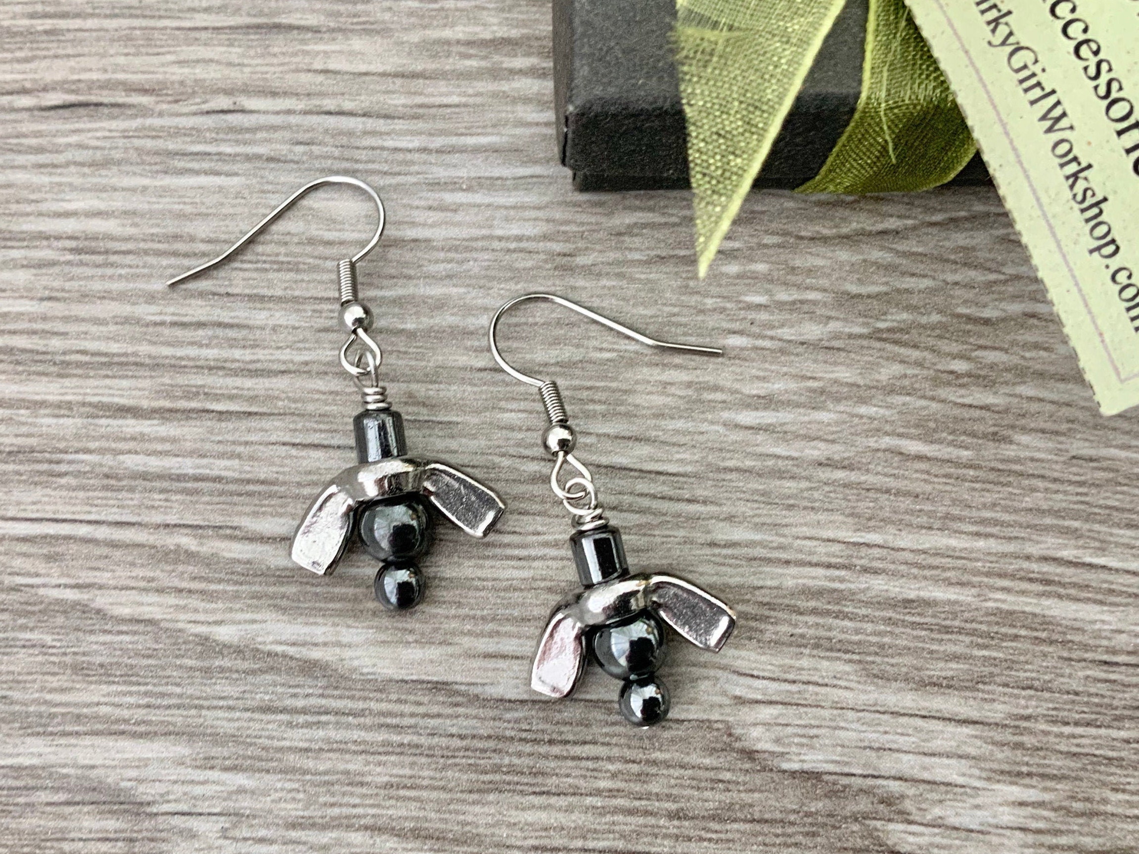 Wing nut earrings, hematite bead jewellery, grey urban long dangle
