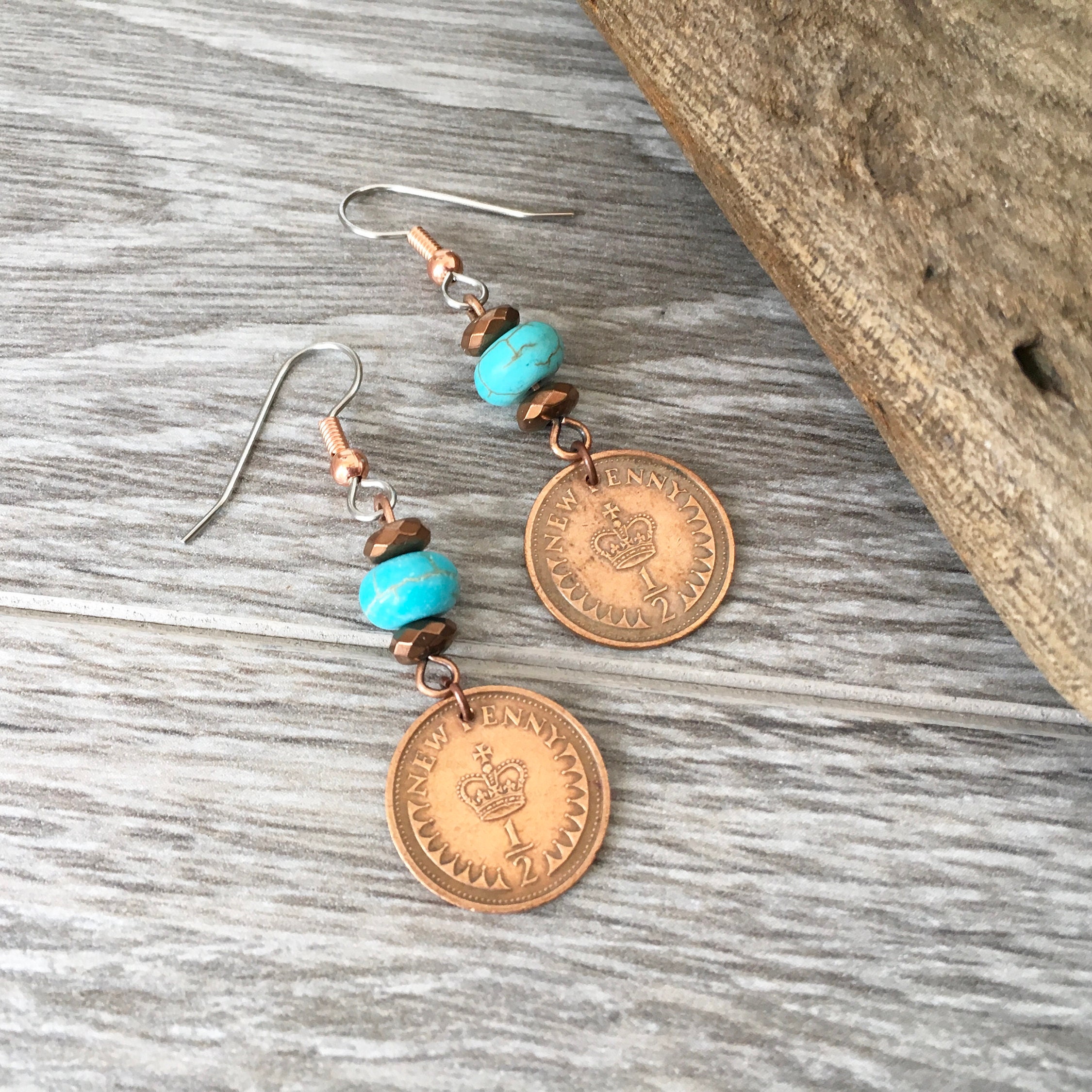 British coin earrings, handmade using English half pennies, choose coin