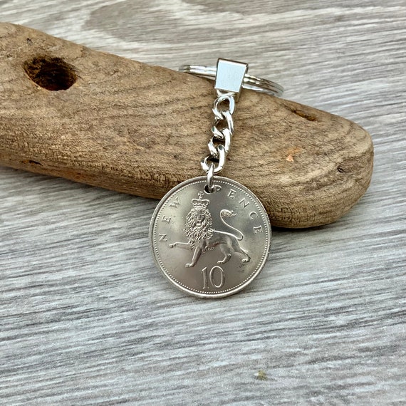 1968 British ten pence coin keyring, 56th birthday present, anniversary or retirement gift