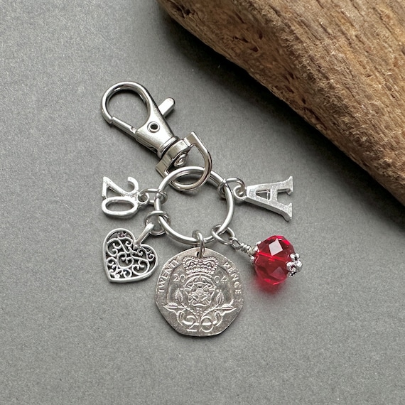 20th birthday or anniversary gift, 2004 British twenty pence 20p charm clip, personalised gift choose birthstone and initial present