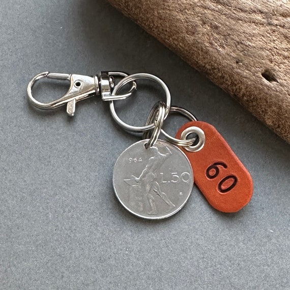 Italian 60th birthday gift, 1964 50 lire coin from Italy made into a keyring or clip, 60th Anniversary present