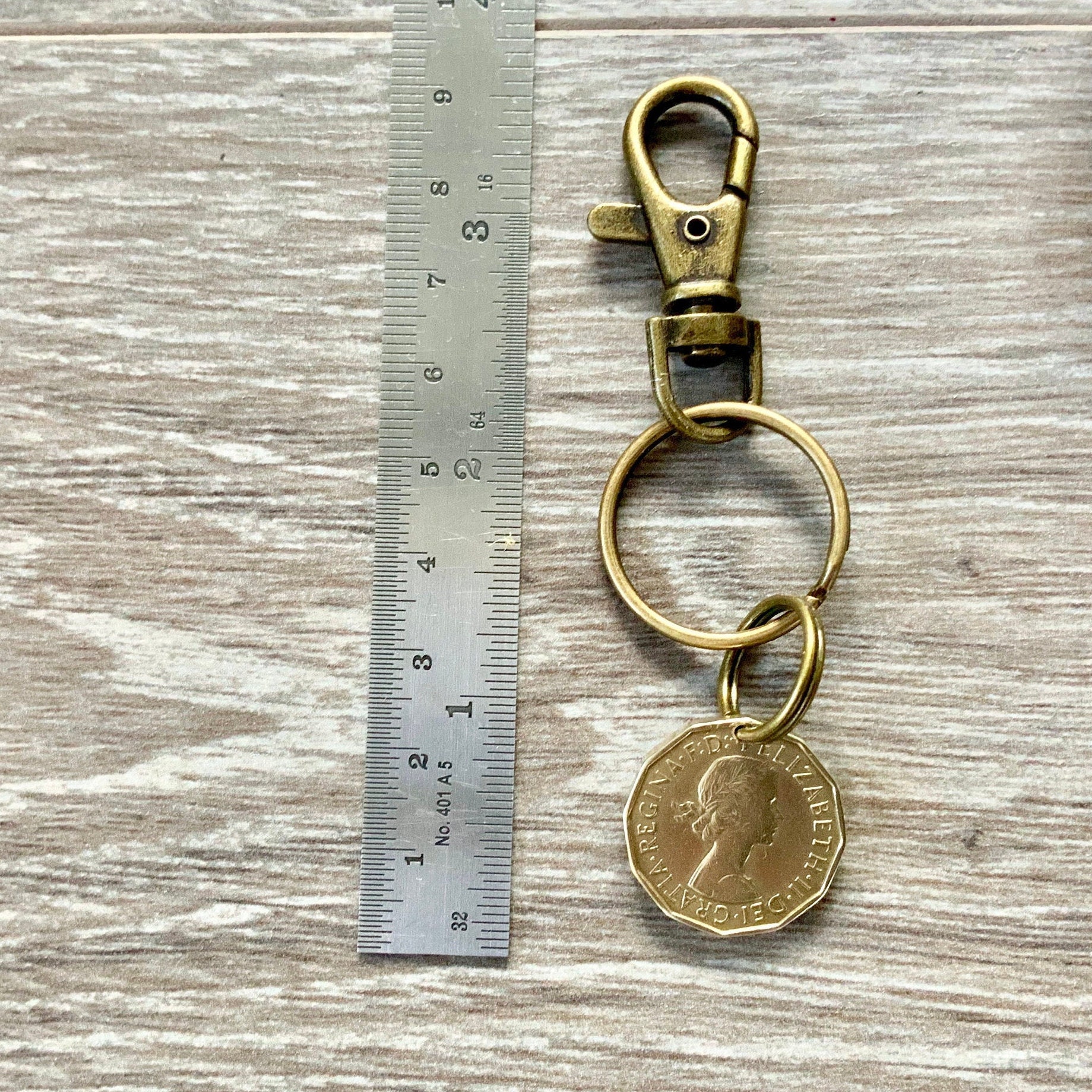 1954 or 1955 British coin keychain, English brass three penny clip, GB