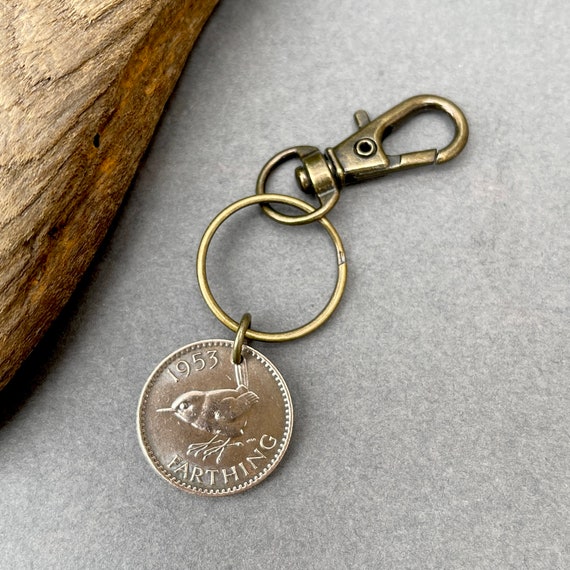 1953 British wren farthing Key ring clip, a perfect small 71st birthday gift, bird lover gift