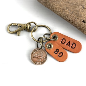 80th Birthday Farthing Keyring: 1946 British Coin with Leather "Dad" Tag