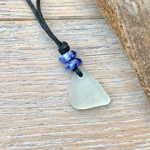 Natural sea glass pendant necklace, Cornish sea glass and blue calming gemstone necklace with a waxed cotton cord image 5