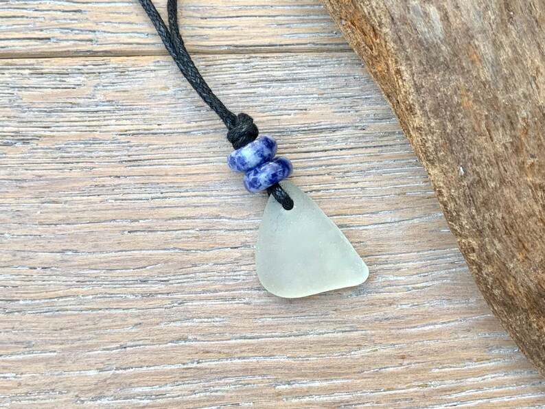Natural sea glass pendant necklace, Cornish sea glass and blue calming gemstone necklace with a waxed cotton cord image 5