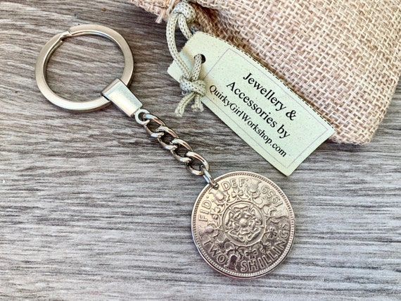 British Two shilling coin keyring or clip, 1957, 1958 or 1959 choose coin year for a perfect birthday or anniversary gift