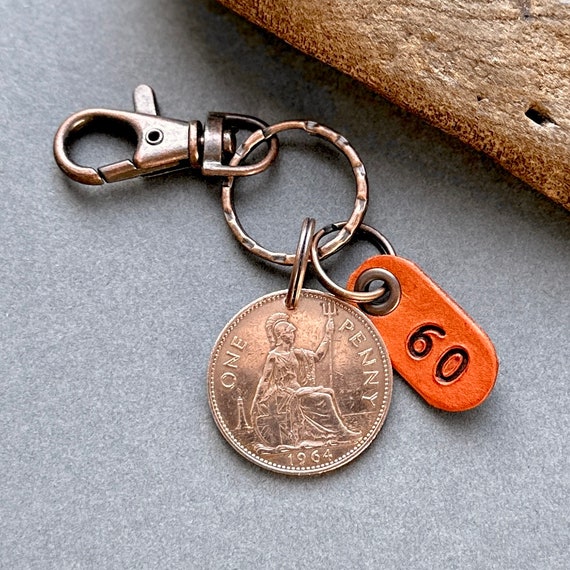 1964 British big penny key chain or clip style Key ring, UK 60th birthday gift or anniversary present