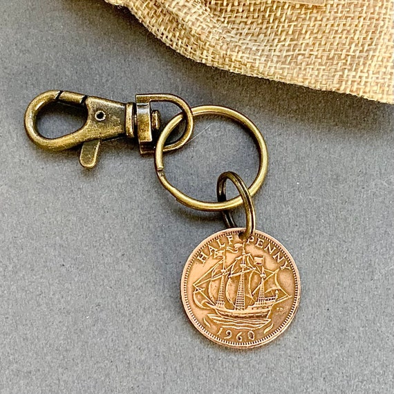 1960 British half penny coin clip style Key ring , English UK bronze sailing ship coin