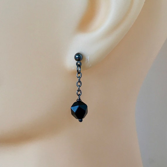 Short Single black onyx earring or a pair, unusual geometric minimalist gemstone jewellery for men or women