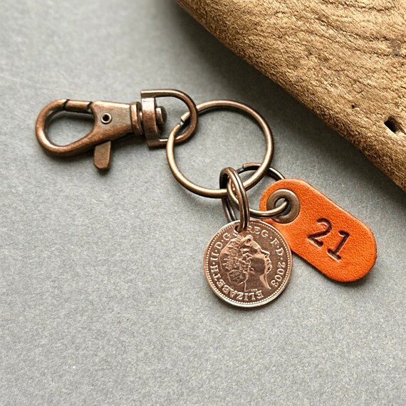 2003 lucky penny 1p coin key chain, key ring or clip with a leather number 21 tag, 21st birthday or anniversary gift, 21st gift for man