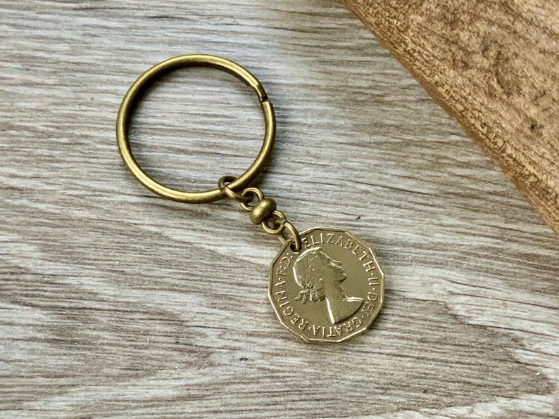 English brass three penny clip 66th or 67th birthday gift GB threepence keyring 1954 or 1955 British coin keychain