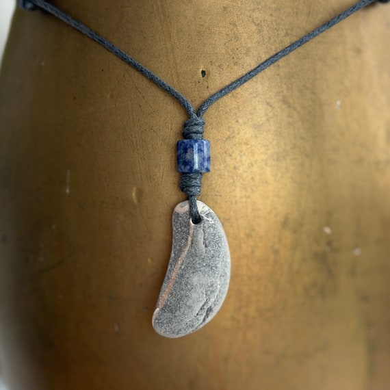 Natural beach pebble pendant, Cornish raw stone unisex necklace with blue Spot Jasper , boho, bohemian jewellery, blue calming gemstone