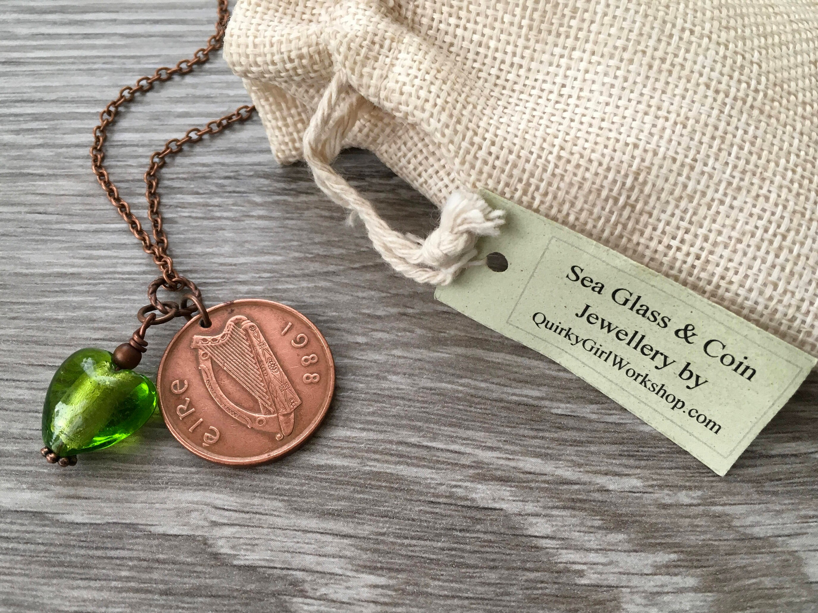 1988 Irish coin pendant, 30th birthday, anniversary gift, green glass