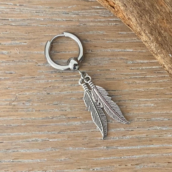 Feather thick hoop earring, available as single earring or pair of earrings, stainless steel hoop, boyfriend gift, girlfriend gift