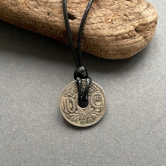 French  coin pendant necklace, black adjustable cord, French 10 centimes coin with a hole