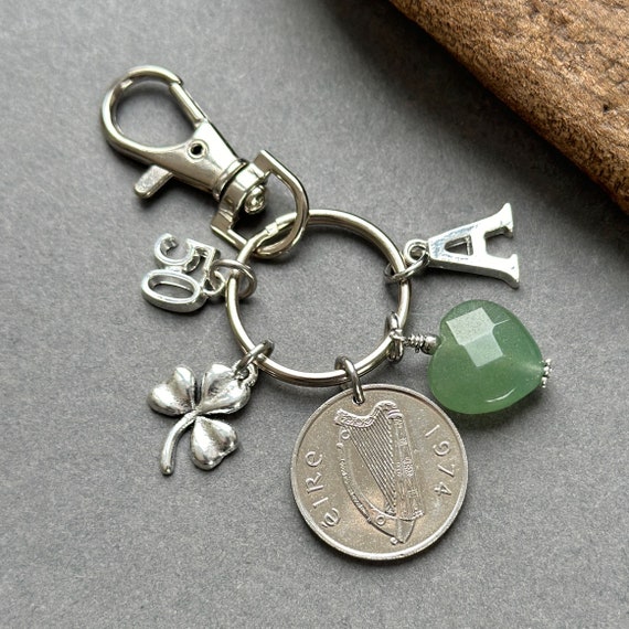 50th birthday gift, 1974 Irish five pence charm clip or key ring with a green aventurine heart shamrock charm personalised gift from Ireland