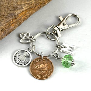 1946 Farthing Keychain: 80th Birthday Gift with Scottish Thistle & Birthstone