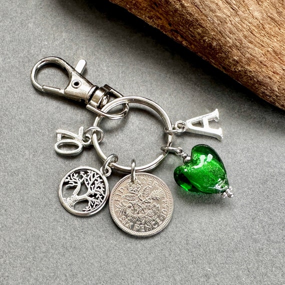 70th birthday gift, 1954 sixpence charm bag clip or clip style Key ring, choose initial, personalised gift, 70th birthday in 2024