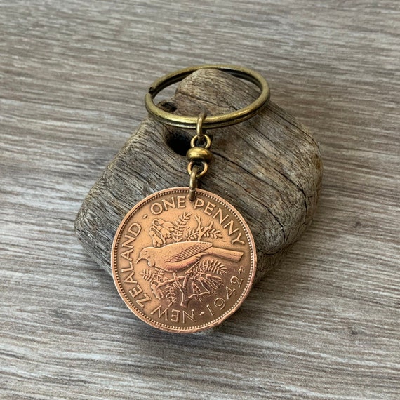 1942 New Zealand coin keyring or keychain, New Zealand penny, 82nd  birthday gift, pretty bird coin key fob