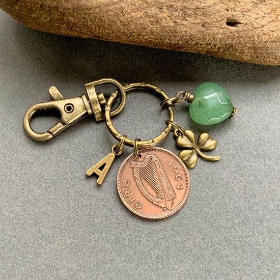 60th birthday gift, 1964 Irish half penny charm clip, with a green aventurine heart shamrock charm, personalised gift from Ireland