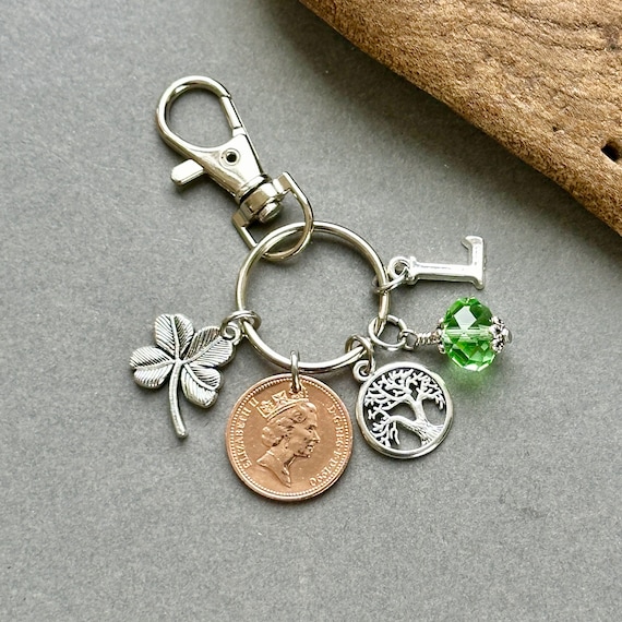 1990 penny and Birthstone charm, 1990 British coin keyring or bag clip, choice of initial and colour, lucky penny 34th birthday gift