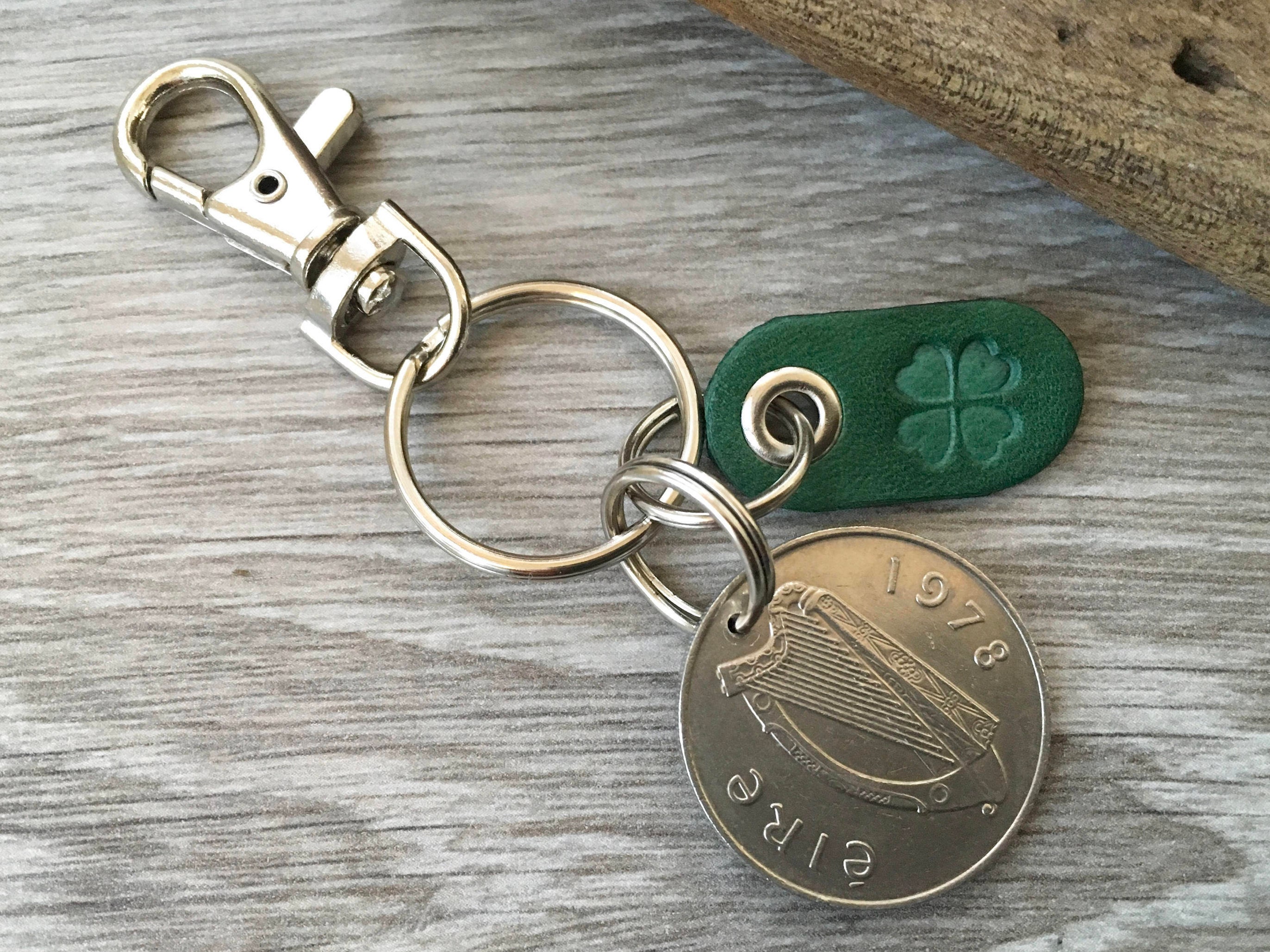 Irish coin keychain, Celtic Ireland keyring, choose coin year shamrock