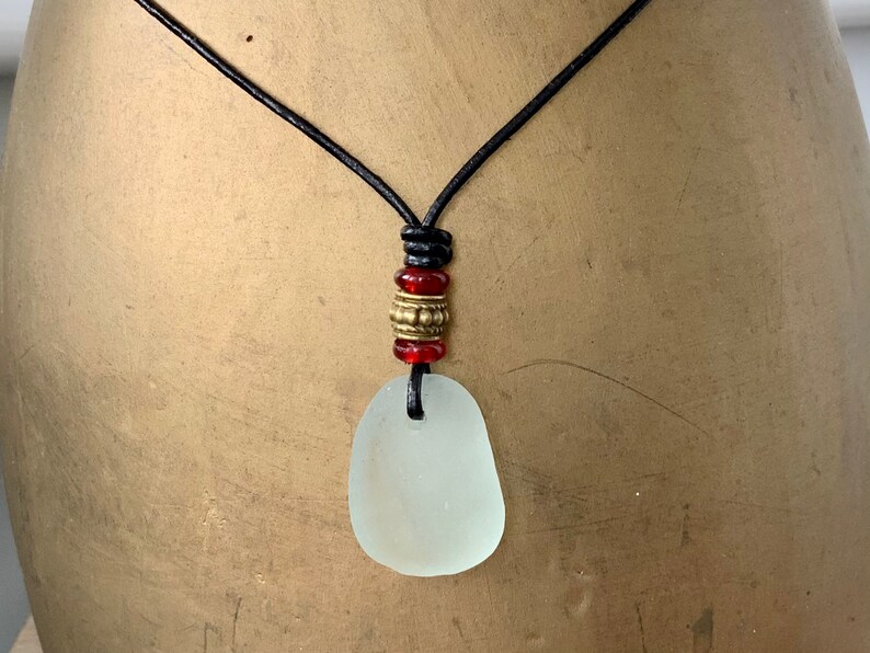 Cornish sea glass unisex necklace with red bead and bronze beads boho beach jewellery Natural sea glass pendant