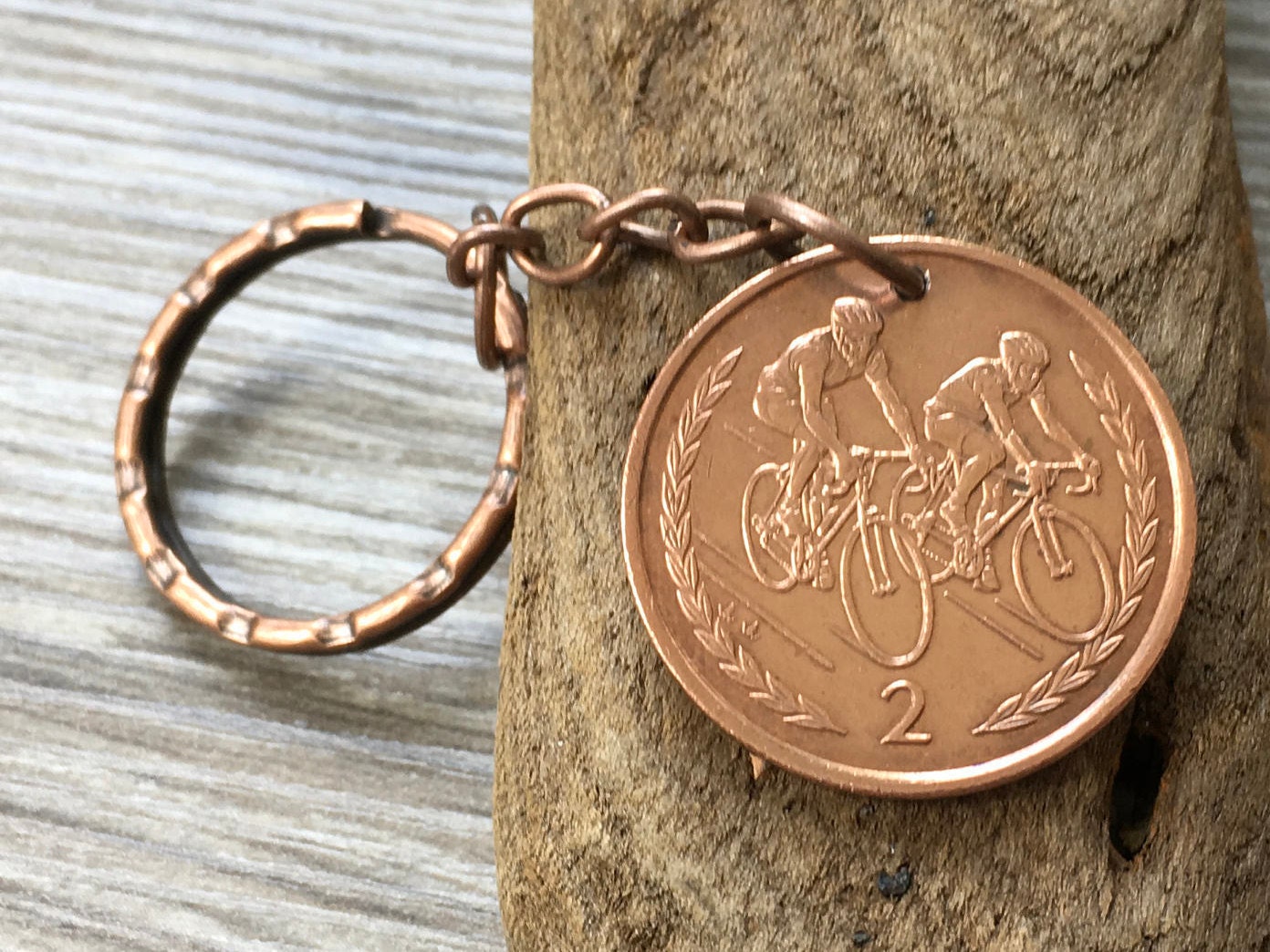 Cyclist gift, 19th birthday gift, 1999 Isle of Man coin keychain, Cycling keyring, UK 19th