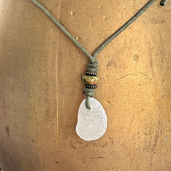 Natural Sea foam coloured sea glass and unakite Jasper pendant necklace, Cornish beach glass mermaids tears jewellery